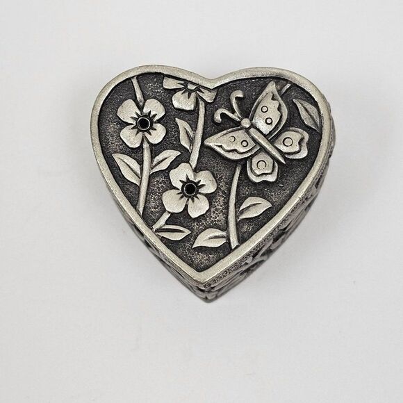 Vintage JJ Jonette Floral Heart Butterfly Brooch Pin Trinket Jewelry Box Pewter - Picture 1 of 13